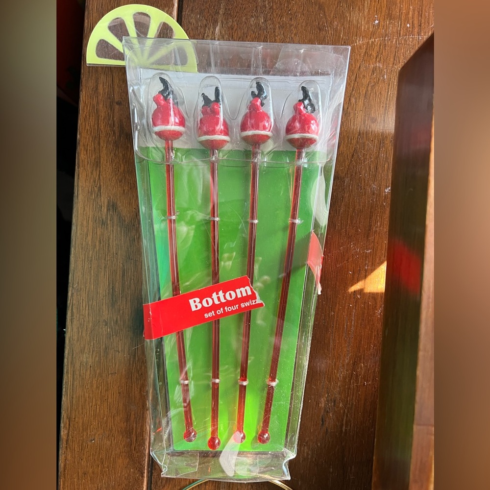 NEW IN BOX One hundred 80 degrees upside down Santa Claus glass swizzle sticks